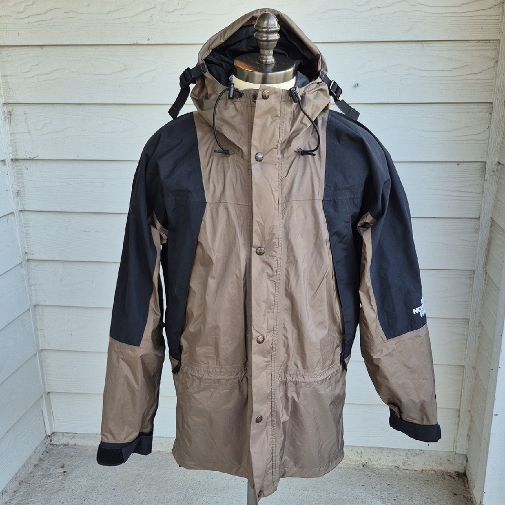 THE NORTH FACE Brown Black Nylon Shell Gore-Tex Large Full Zip Hooded Jacket VTG